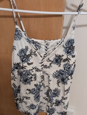 American Eagle Babydoll Cream Tank with Blue Floral Lace-Up Front